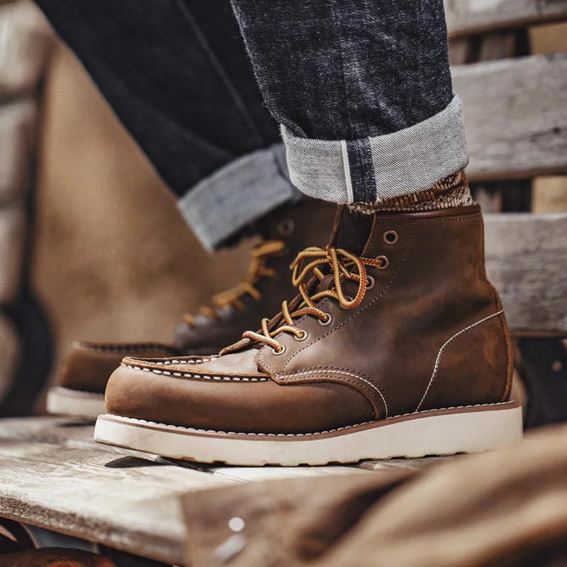 Maden Vintage 875 Botki Skórzane Crazy Horse Okrągły Nosek Wytrzymałe Sznurowane Buty do Pracy na Zimę i Jesień