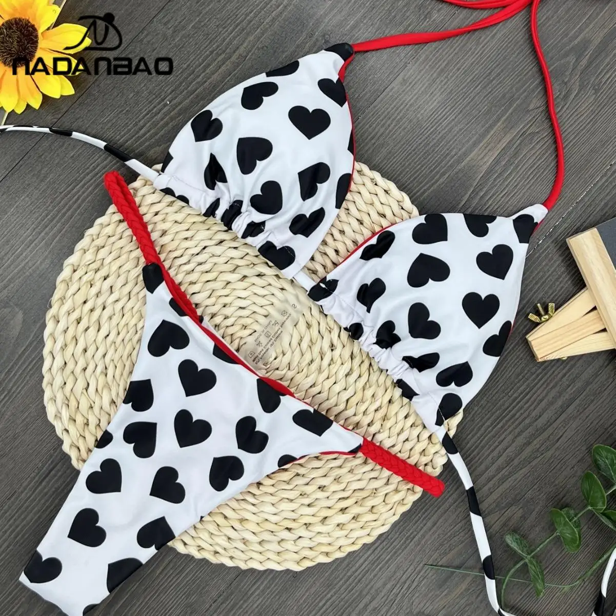 Nadanbao-Conjunto de Bikini con estampado de corazón para mujer, traje de baño Sexy con espalda descubierta para fiesta en la playa, traje de baño plisado de dos piezas con cuello Halter