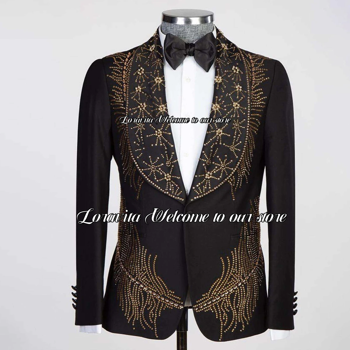 Luxury Beaded Men Suits Shawl Lapel Groom Wedding Tuxedos Shine Crystals 2 Pieces Male Prom Party Blazers Slim Fit Costume Homme