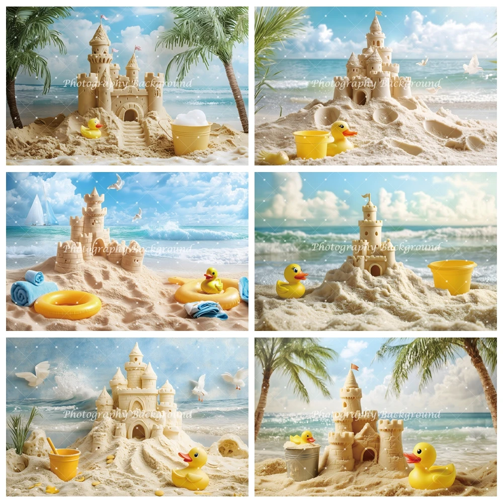 

Summer Seaside Castle Photography Background Beach Palm Tree Wooden Barrel Ducks Kid Playing Vacation Party Decor Photo Backdrop