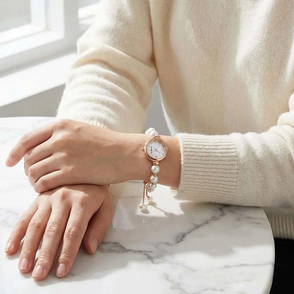 Jam Tangan Quartz Wanita dengan Foto dan Teks Kustom, Mutiara, Rantai Bolo Berhias Manik-manik yang Dapat Disesuaikan, Dial Kecil, Dapat Ditarik