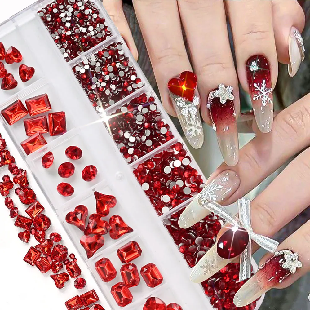 12Grid 3D Mutil-Shapes Shiny Red Diamond Nail Rhinestones SS6-SS16 Round Crystals Nail Gems Luxury Glass Nail Art Gems Decor Y5#