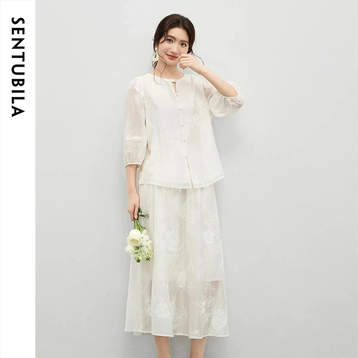 SENTUBILA Women's Lyocell 2 Piece Set 2026 Summer Embroidered Sheer Lantern Sleeve Elastic Waist Midi Skirt Set Q61ZK6220