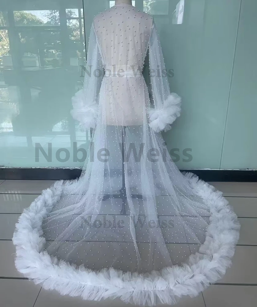 Bata de boda con volantes para sesión de fotos, vestido de fotografía con perlas para mujeres embarazadas, bata de tul para graduación de noche, albornoz, Chaqueta larga personalizada