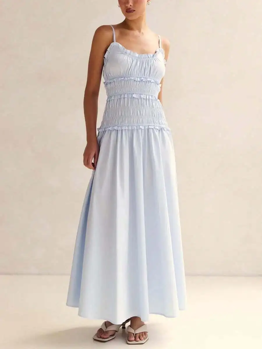 

Womens Ruffle Trim Spaghetti Strap Maxi Dress Smocked Waist Flowy A-Line Long Sundress