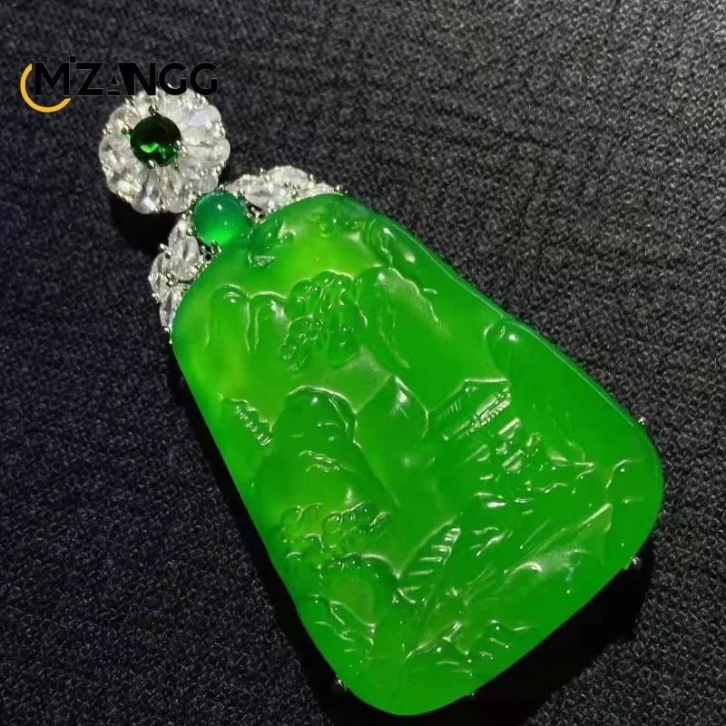 

Natural Silver Inlaid Green Manau Landscape Brand Pendant Sweater Chain High-end Fashion Men's and Women's Necklaces Gift