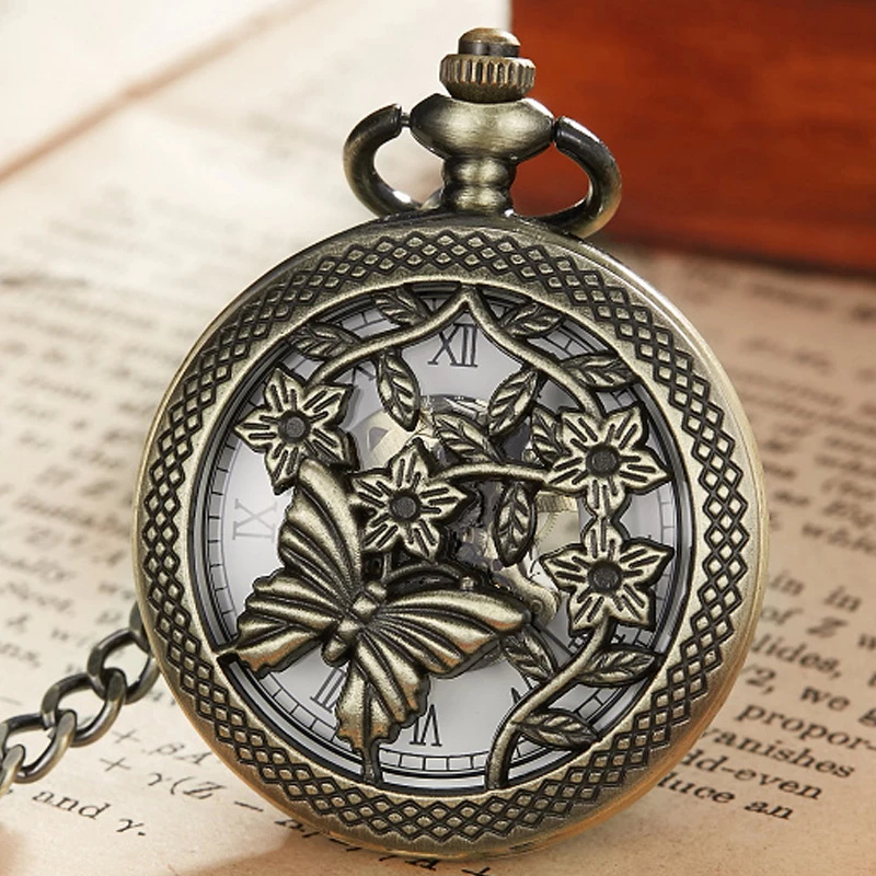 

Butterfly Hollow Pocket Watch Skeleton Steampunk Mechanical Fob Watches Vintage Clock Pendant Hand-winding Male Relogio De Bolso