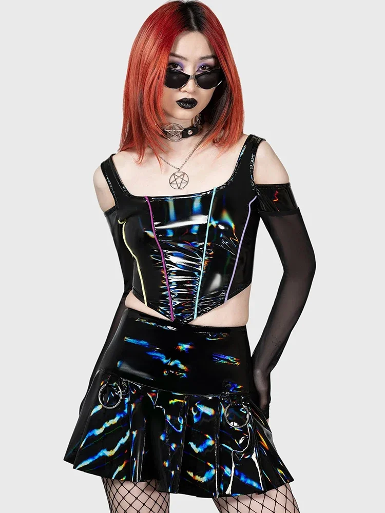 Women Faux Leather Punk A-Line Pleated Skirt Gothic Laser Shiny PU Leather Skirt Nightclub Costume Summer Support Custom