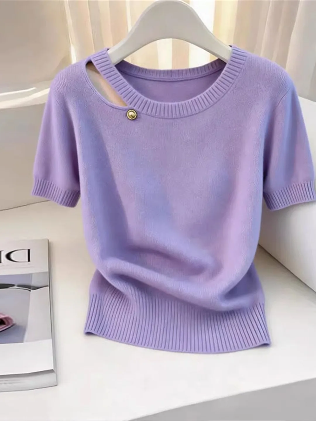 

Unique Beautiful Ladies Summer Purple Ice Silk Hollow V-Neck Knitted Top Short Sleeve T-Shirt Comfortable Breathable Korean S...