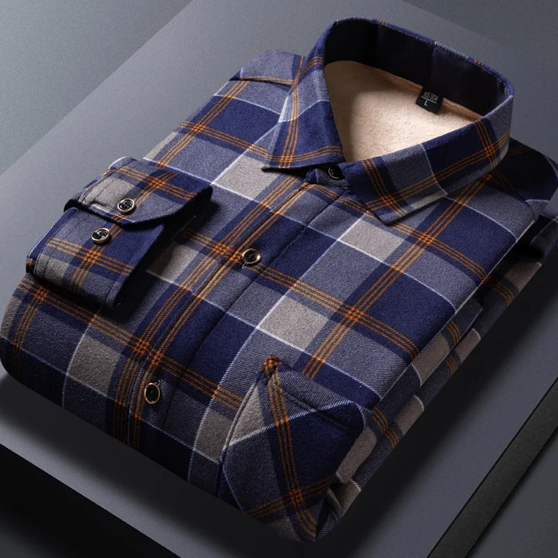 2026 New Thick Fleece Plaid Shirts Men Autumn Winter Turn-down Collar Shirt Tops Male Warm Slim Casual Business Jackets Outwear