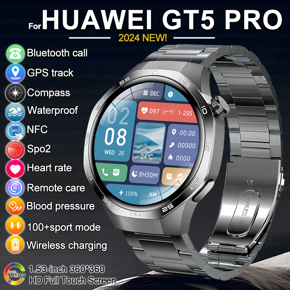 

2024 For Huawei GT5 Pro Max Smart Watch Men NFC GPS Sports Compass Temperature Health Monitoring Bluetooth Call Men Smartwatch