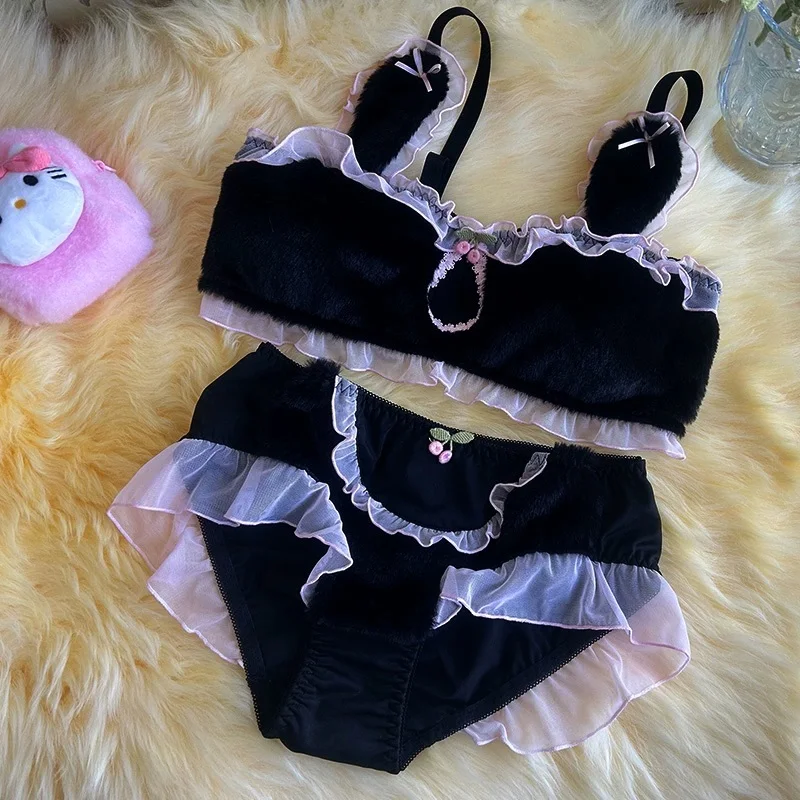 

Teenage girls cute plush underwear panty set female non-steel ring thermal bra women sexy lingerie underpants suit