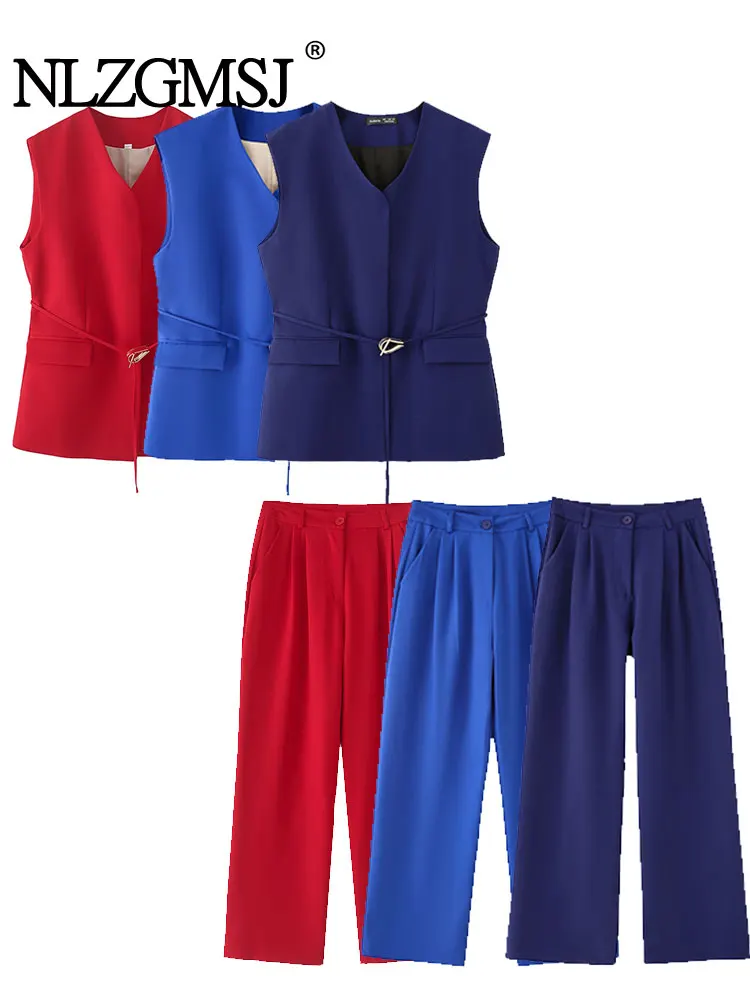 

Лето 2025 г., повседневный шикарный однотонный женский костюм с поясом, блейзер без рукавов с v-образным вырезом, свободные брюки, модные женские костюмы