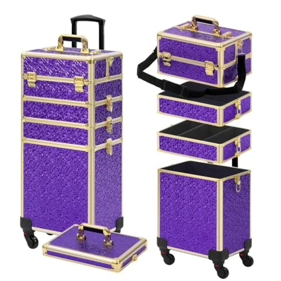 

Rolling Makeup Case for Salon Barber Use, Durable ABS Plastic, Black, 5-in-1 Expandable Design with Wheels and Lid