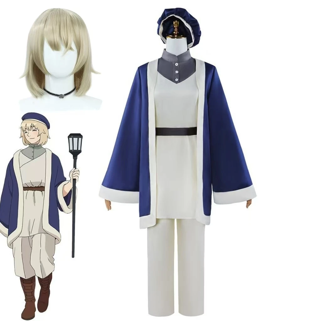 Delicious In Dungeon Falin Touden Cosplay Costume Blue White Set With Hat And Wig For Women Halloween Party Comic Con Outfit