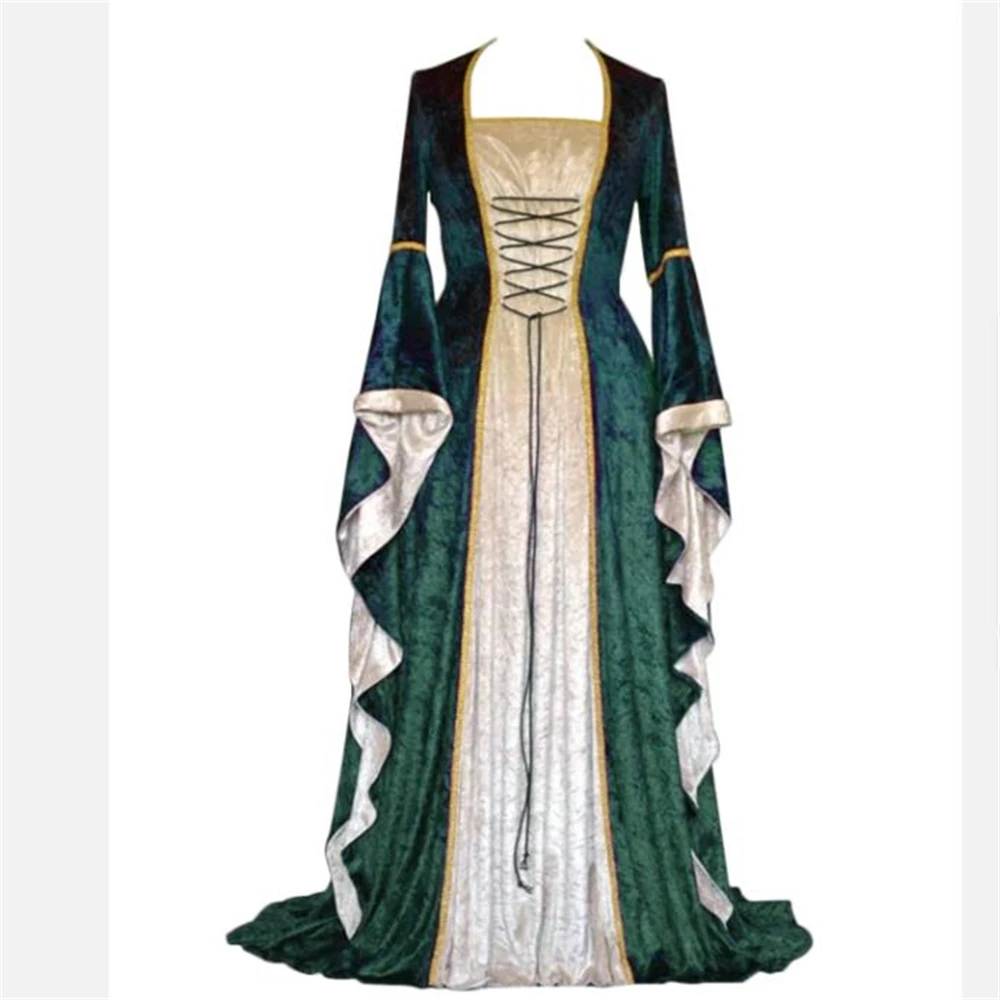 

Halloween Women 3XL Medieval Retro Court Princress Cosplay Costume Long Dress Elegant Witch Square Collar Masquerade Dress Up