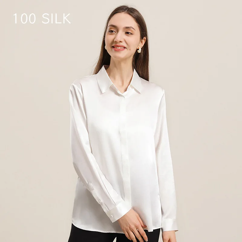 

Женские рабочие футболки из 100% натурального шелка, деловые офисные футболки, классический стиль, темпераментные однотонные белые, черные, темно-синие, красные топы, блузки