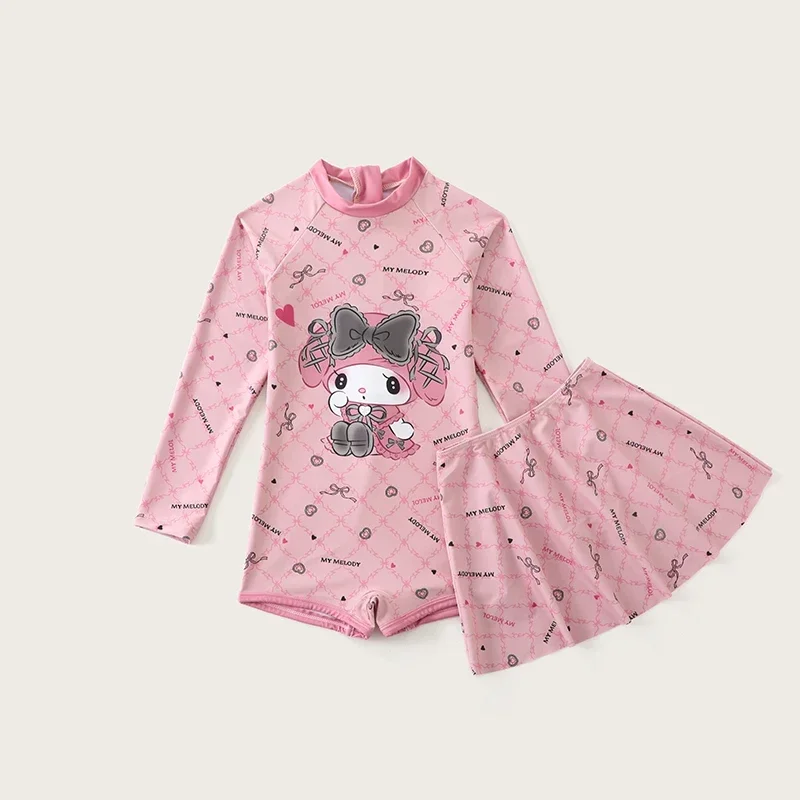 Costumi da bagno interi con stampa Kuromi Sanrio Anime My Melody Cinnamoroll Costumi da bagno a maniche lunghe per bambini Gonna costume da bagno