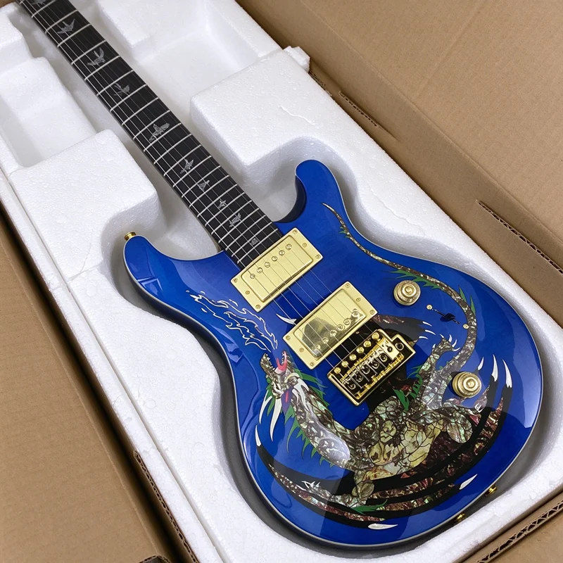 Vicers Blue Flame Maple Top Electric Guitar Pattern Inlay Basswood Body 24 Frets Rosewood Fretboard Dual Humbuckers Gold Hardware 6 Strings Rock Guitar