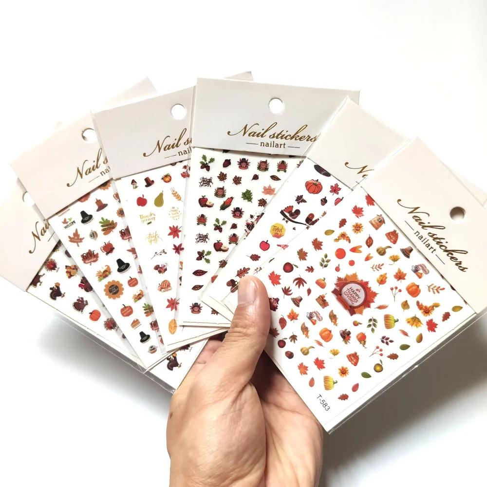 Thanksgiving Day Autumn 3D Nail Art Sticker 5 Designs Maple Leaf Pumpkin Turkey Slider Manicure Decoration Adhesive Tips Decals