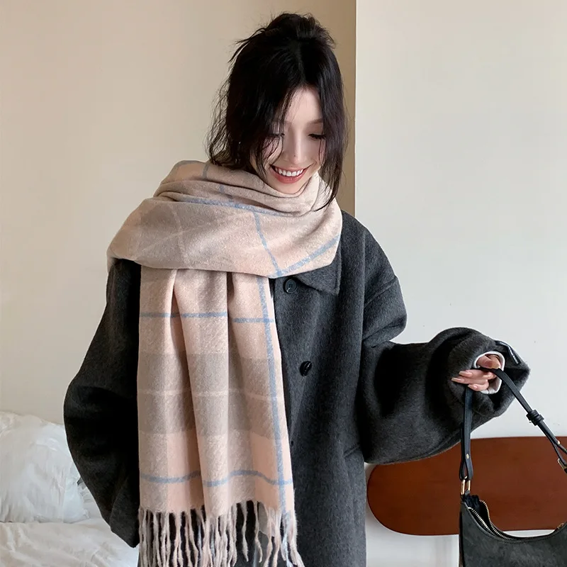

Thickened Imitation Cashmere Scarf New Plaid Tassel Shawl Neck Warmer Autumn Winter Warm Female Student Korean Version Scarf
