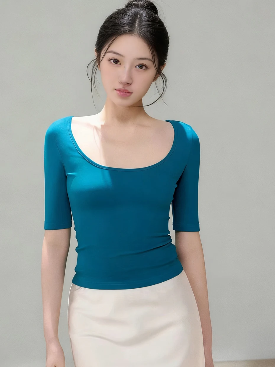 

Minimalist U-Neck Short Sleeve T-Shirt Women Summer Unique Beautiful Slim Fit Waist Cinching Short Length Top Fashionable Cas...