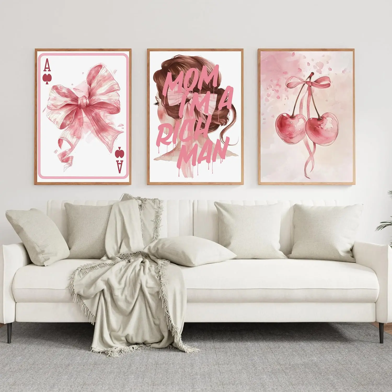 3Pcs/Set Preppy Fashion Wall Art Lightpink Funky Dorm Room Canvas Print Cherry Poster University Apartment Home Decor Bow Frame