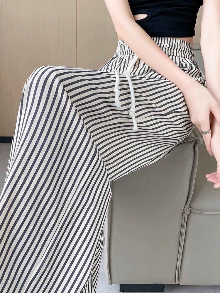 

Slimming High Waist Wide Leg Pants Women's Summer Dstring Trousers Thin Casual Long Striped Pants Drapey Straight Cut