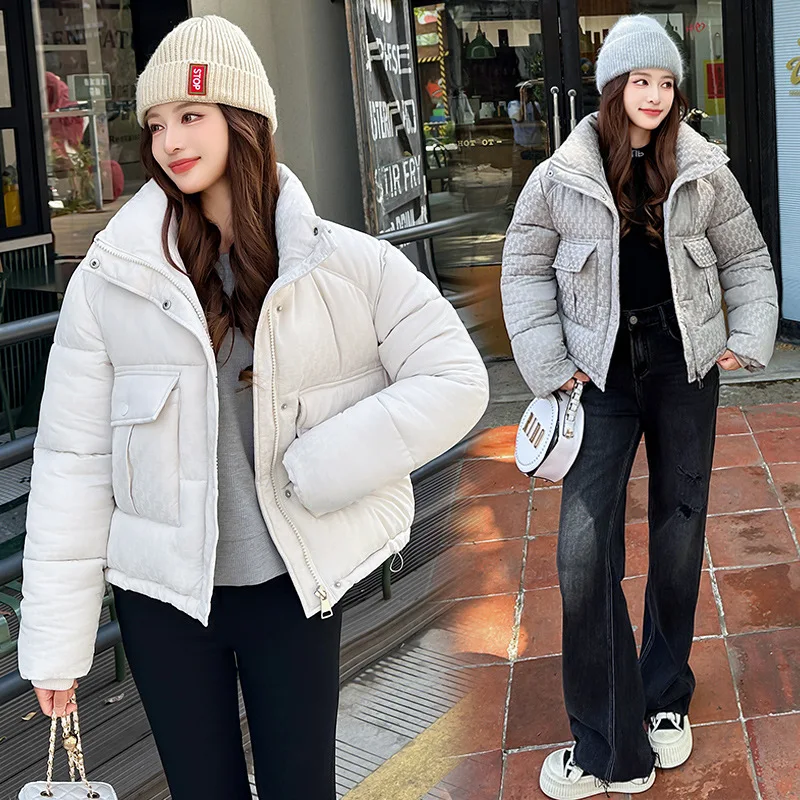 Parkas Coat Women Solid Short Jacket Pocket Drawstring Zipper Stand Collar Long Sleeve Loose Fit  Office Lady Casual 2025 Winter