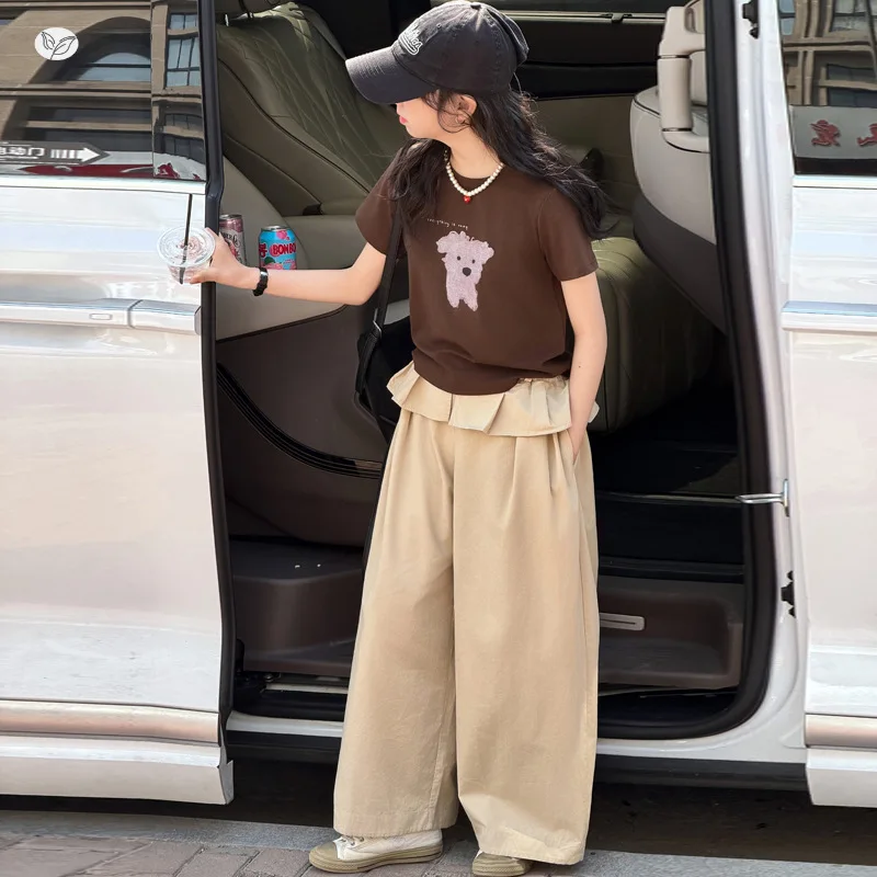 Girls' Korean version cartoon round neck short-sleeved t-shirt wide-leg pants set, summer children's thin clothes two-piece set