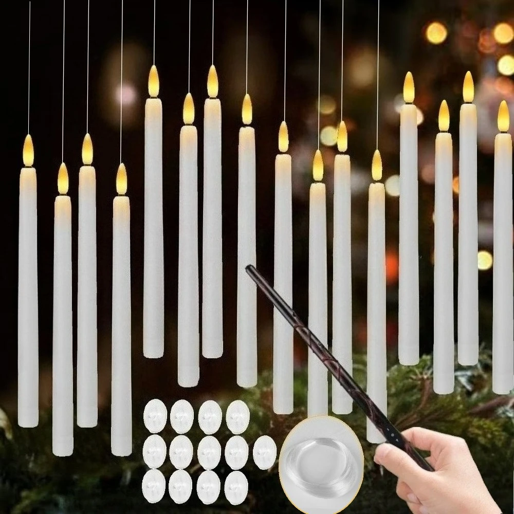 魔法の杖きらびやかな暖かい光クリスマスとハロウィーンのためのledテーパーキャンドル電池式の装飾が施されたフレームレスフローティングキャンドル