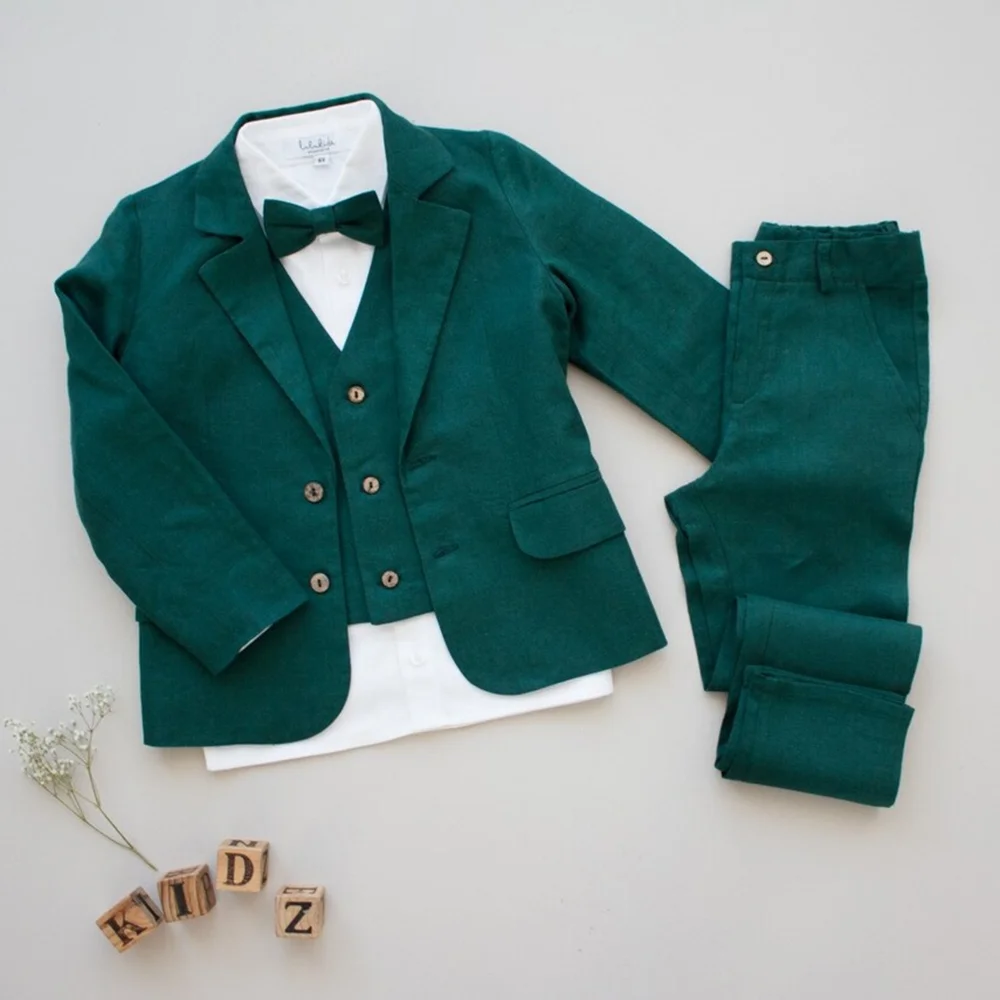 Fashion Linen 3 Piece Boys Suit Set Jacket Vest Pants Kids Page Boy Wedding Tuxedo Chic Outfit For Birthday Graduation Party