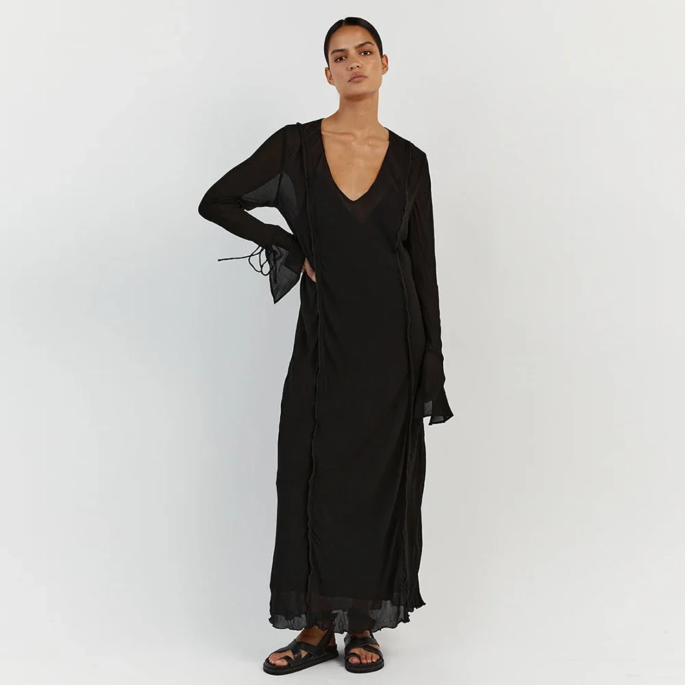 Elegant Black Sheer Beach Dress Women Sexy Flare Sleeve Mesh Tassel Bodycon Summer Dress 2023 Night Party Long Dress Cover-Ups