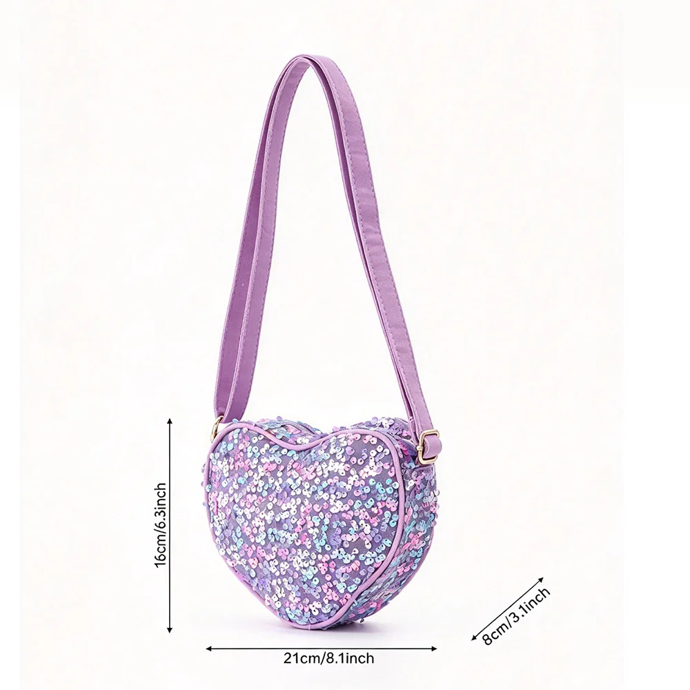 Purple Glitter Heart Shape Crossbody Bag with Sequin Zipper Sling Mini Purse for Women Girls Outdoor Travel