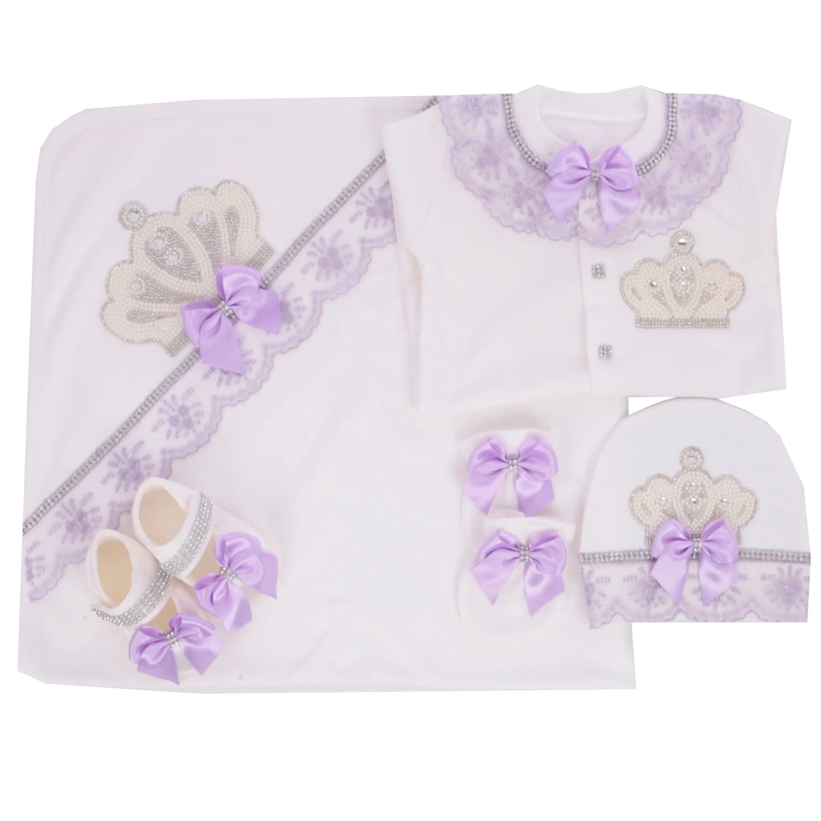Beautiful Baby Girl 5Pcs Layette Set Purple Bow Crown Embroidered Lace Footed Romper Hat Gloves Receiving Blanket