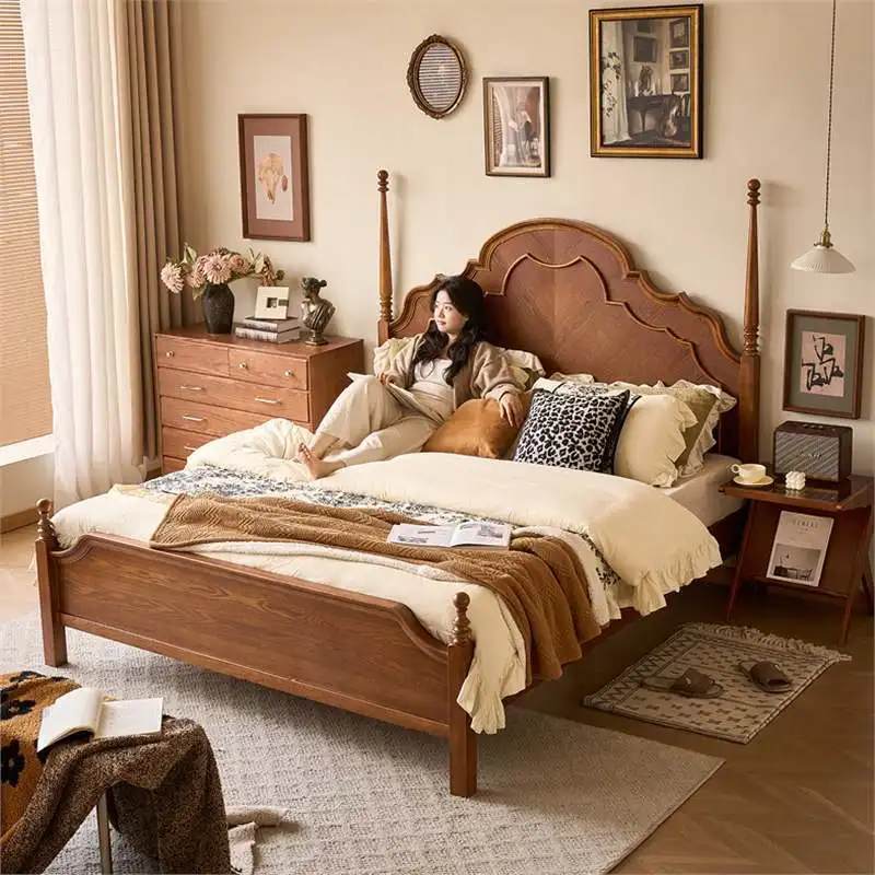 Mid-Century Style Wooden Bed Frames Nordic Creative Homestay Hotel Double Bed High-End Bedroom Furniture Somier Con Patas FYBB