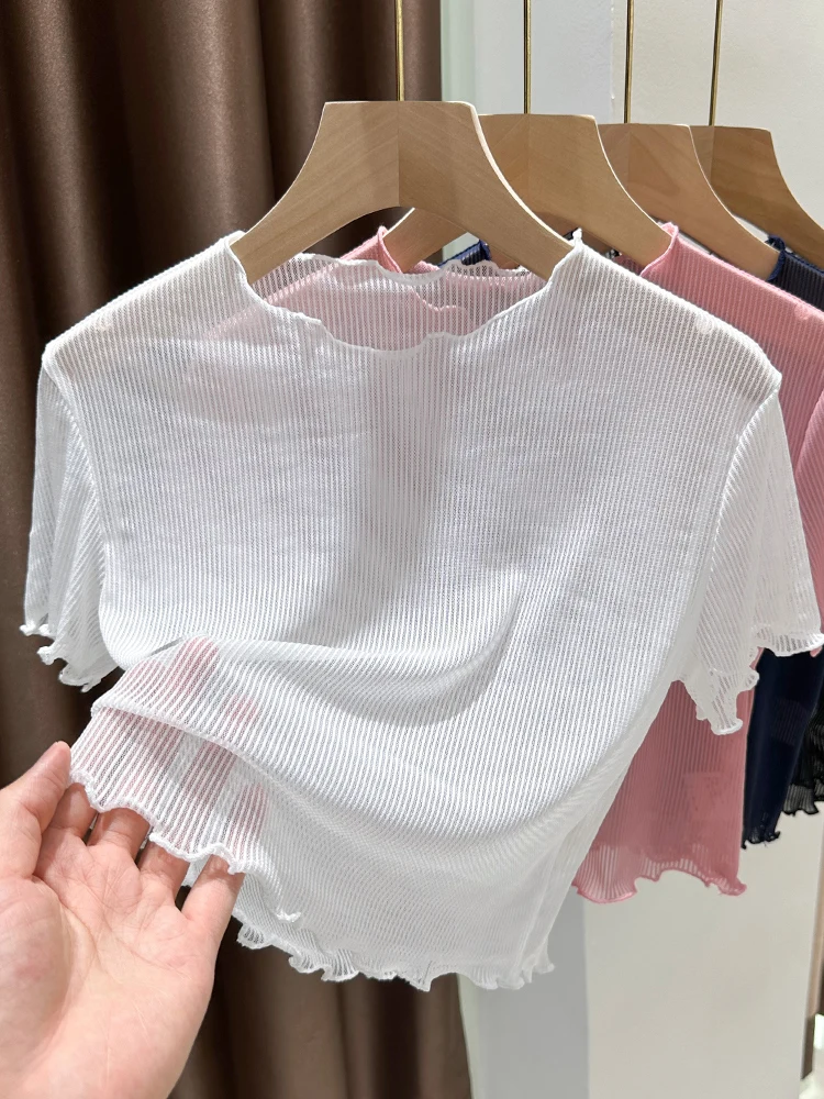 

Lace Crop Top Ice Silk Me Base irt ort Sve Women's Summer Thin Tulle Dr Underwear ell Pink Color round Neline