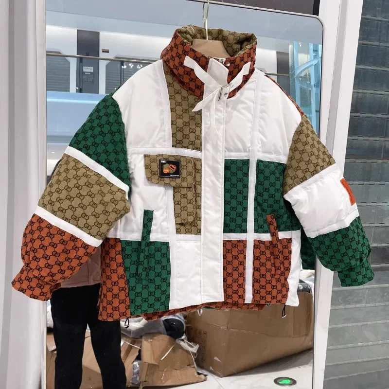 2024 Winter British Style Letter Contrasting Color Splicing Medium and Long Trendy Brand Embroidery Thickened Down Jacket Women