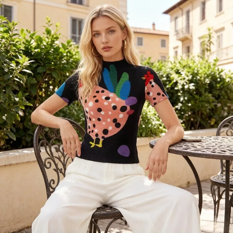 

Miyake Pleated 2026 Printed Top New Arrival Cartoon Chick Half-High Neck Short-Sleeved T-Shirt Slim-Fit Pleated Base Layer