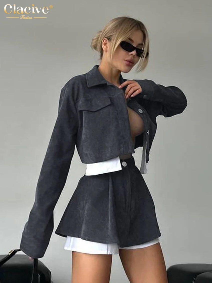 Clacive Fashion Slim Blue 2 Piece Sets Women Outfit 2024 Elegant Long Sleeve Shirt With High Waist Shorts Set Female Streetwear