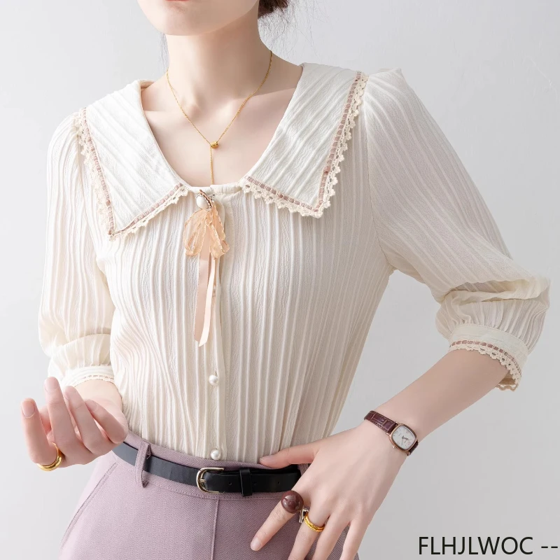 Dentelle col claudine hauts chemisiers nouveau Design 2025 été femmes mignon doux filles solide nœud papillon haut rétro Vintage bouton chemises