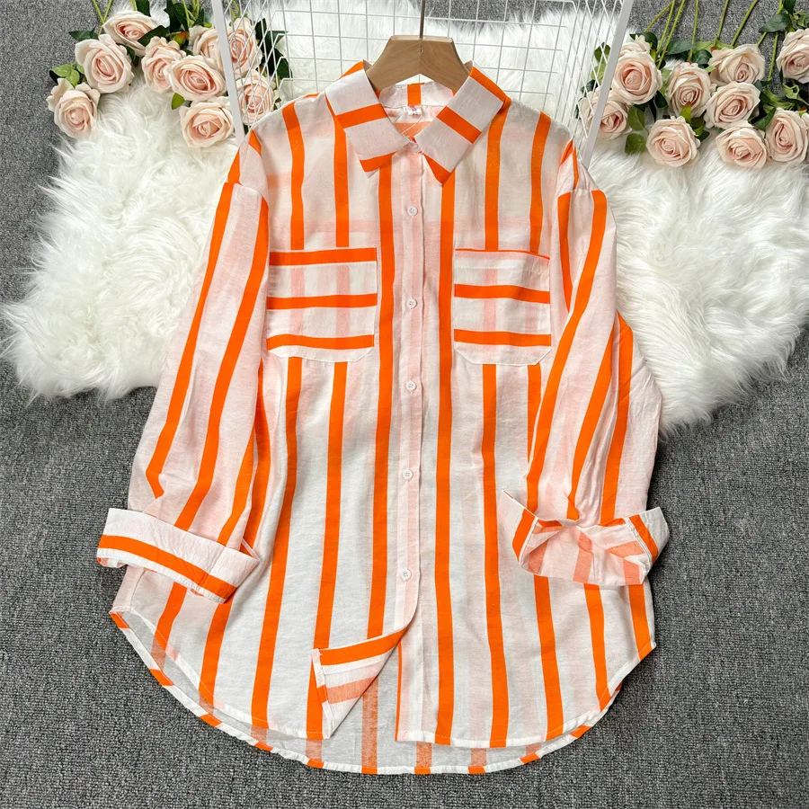 

Women Shirt Single Breasted Turn Down Collar Cardigan Striped Blouses Pockets Loose Fit Shirts Casual Basics Button 2024