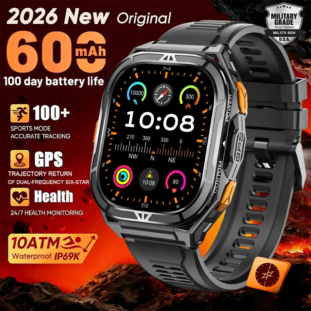 

2026New GPS Smart Watch Men 1.96-inch HD AMOLED Screen Compass Bluetooth Call 10ATM Waterproof Sport Smart Watch for Android iOS