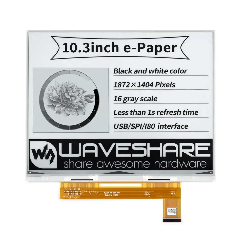 Waveshare 10.3inch e-Paper e-Ink Raw Display 1872*1404 Black White Dual Color 16 Grey Scale Parallel Port without PCB