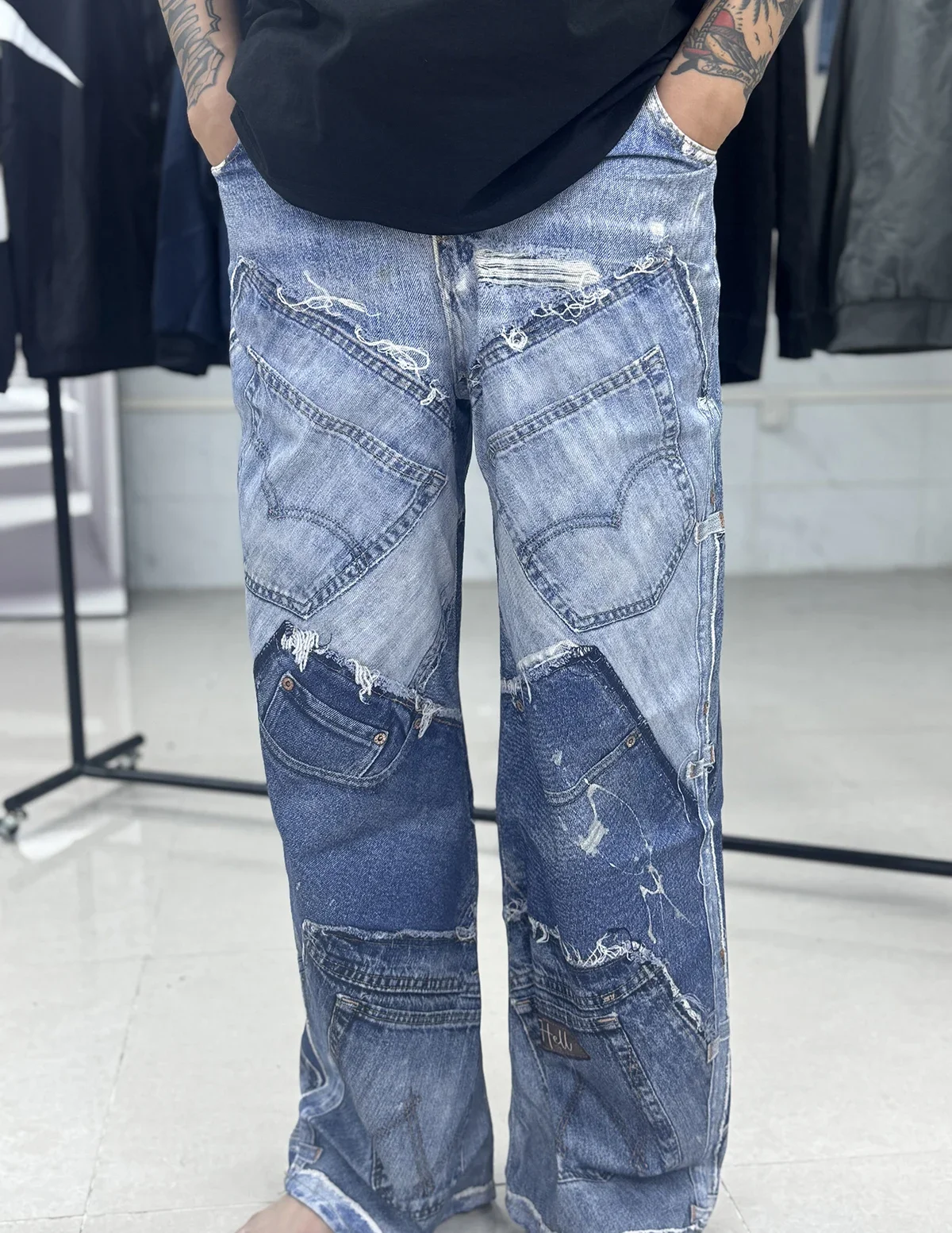 American Vintage Anatomical Splicing 3D Digital Spray Splashed Dyed Jeans Men and Women Wide Leg Frayed Baggy Denim Trousers