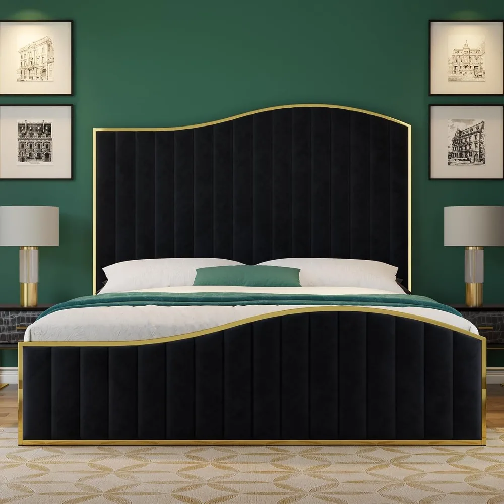 

Queen Size Harp Bed Frame, Velvet Upholstered Platform Bed with 61.4" Vertical Channel Gold Trim Headboard & Footboard