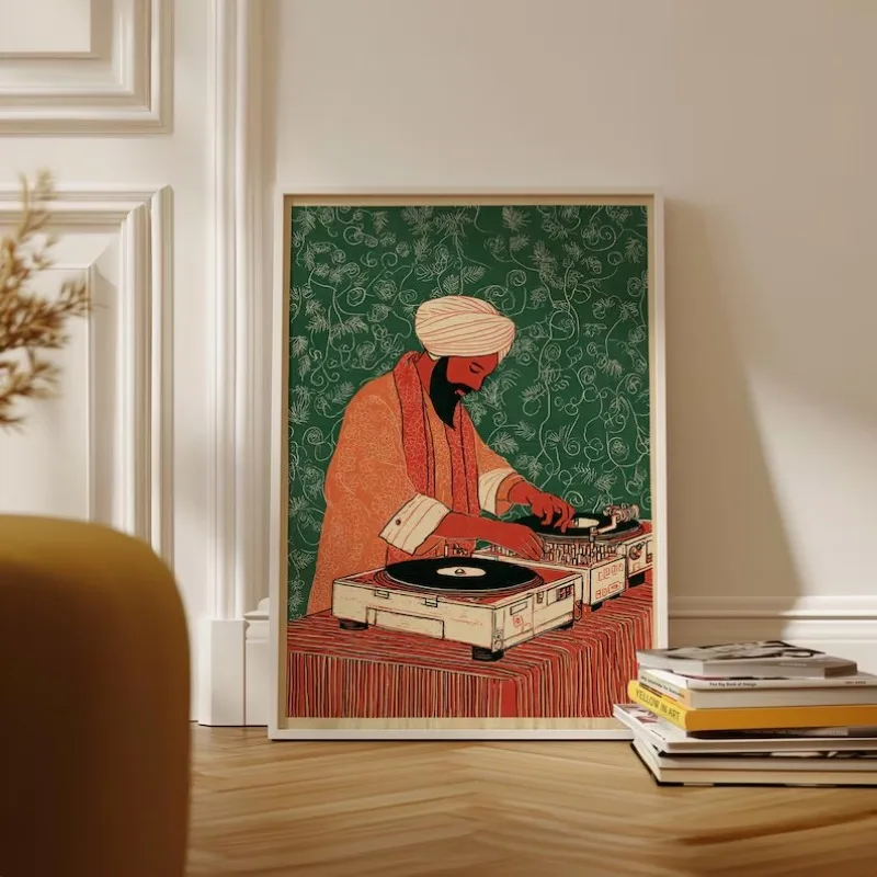 Retro Vinyl Record Radio Music DJ in Sari Woodcut-Style Illustration Poster Canvas Painting Wall Art Pictures Home Decor Gift