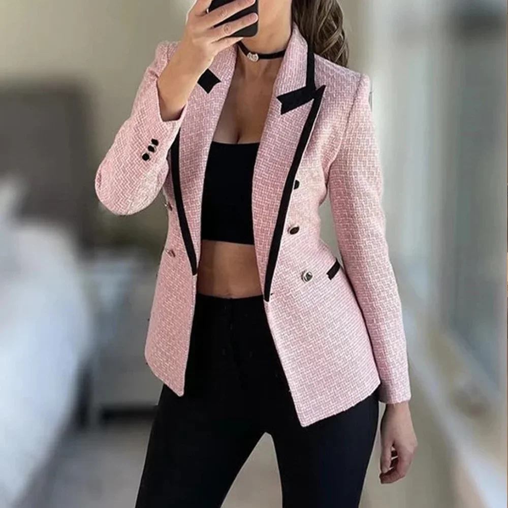 

Taop&Za women's versatile lapel long sleeved double breasted decorative winter new slim fit suit jacket