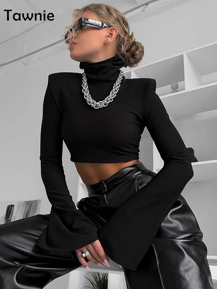 

Tawnie Women Black Gothic Turtleneck Flared Long Sleeve Crop Tops Y2K Fashion Skinny Fitness T Shirts Spring Fall Streetwear