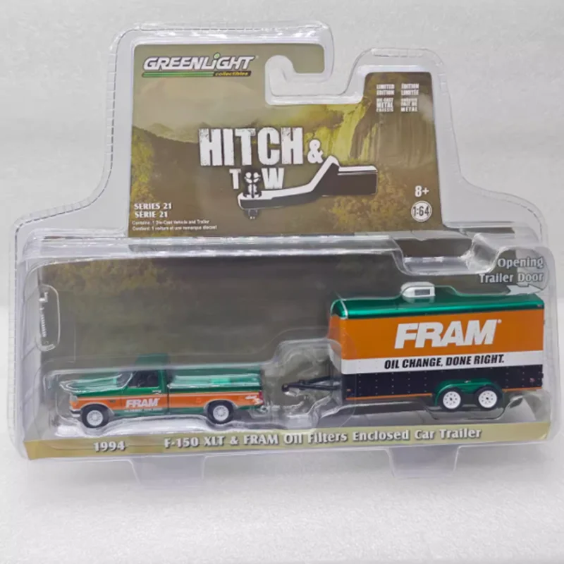 

GreenLight масштаб 1:64 1994, F-150 Xlt и закрытый автомобильный прицеп, зеленая машина, модель автомобиля из сплава, статическое украшение, коллекционные предметы, подарочные игрушки